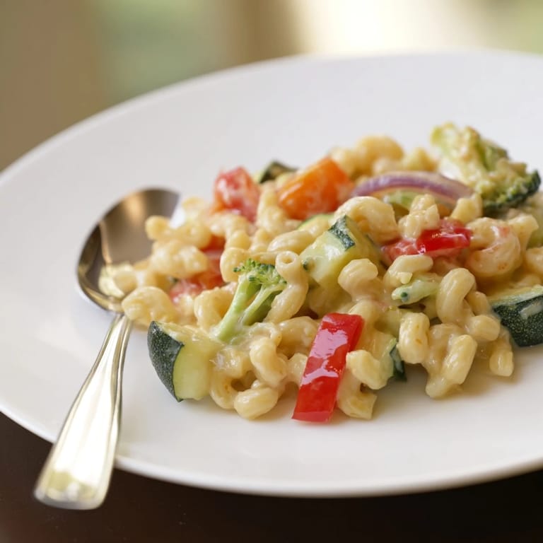 Homemade roasted veggie mac & cheese, featuring tender elbow pasta and colorful vegetables tossed in a rich sauce.