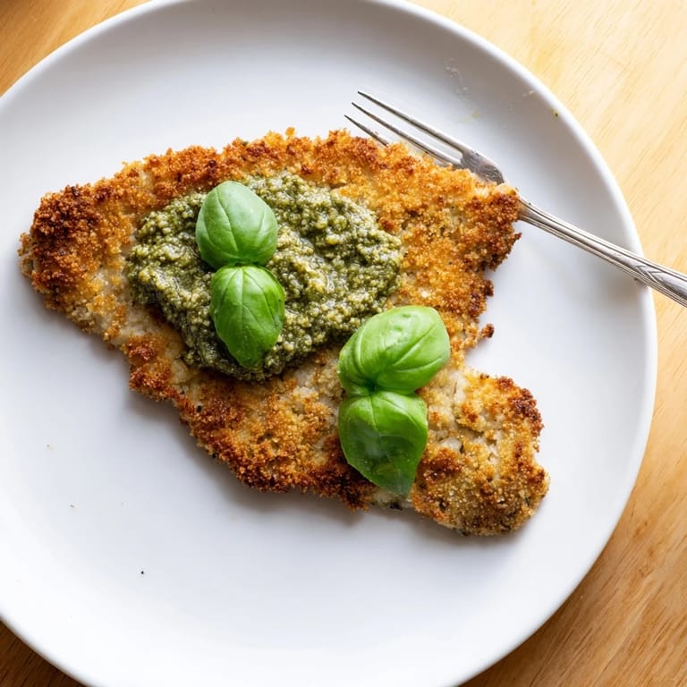 Serving Platter of Crispy Pesto Chicken Cutlets garnished with basil leaves and bright lemon wedges for a fresh finish.