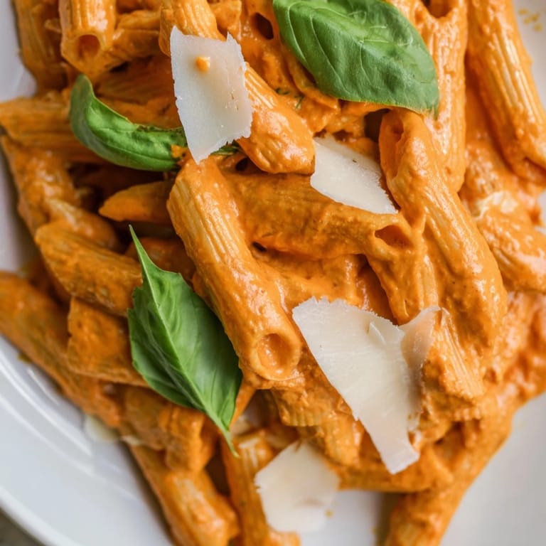 A warm skillet of creamy roasted red pepper pasta ready to serve, steam rising from the colorful dish.