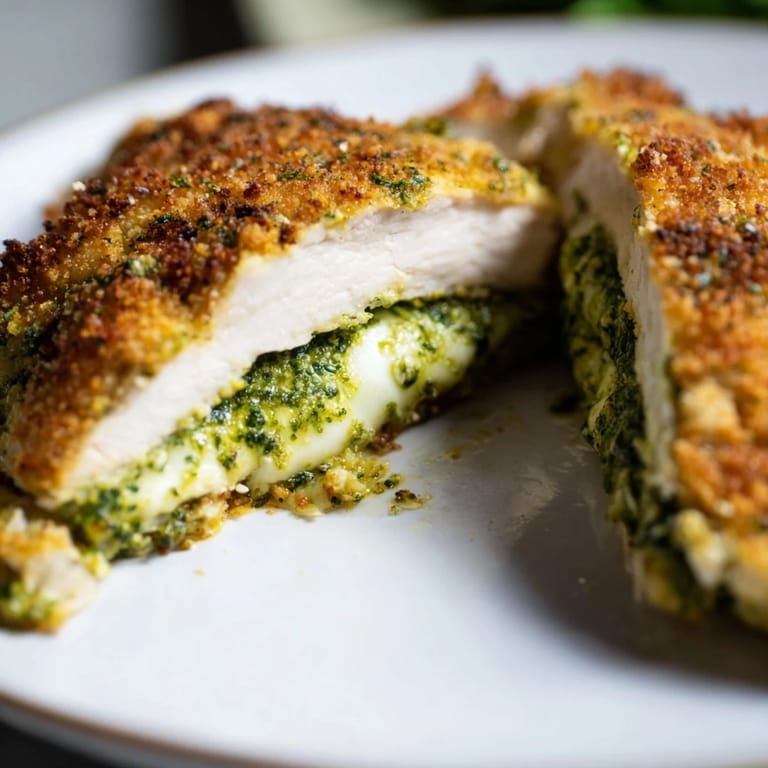 Italian-style Mozzarella & Pesto Stuffed Chicken with a golden parmesan crust, resting on a plate with fresh basil garnish.