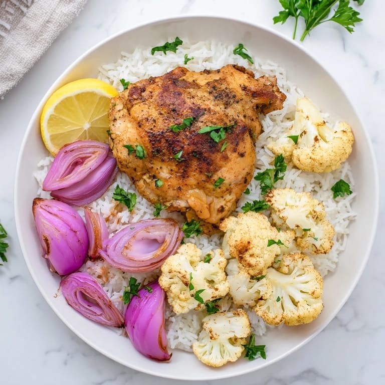 Close-up of tender chicken and crispy, golden cauliflower florets on a baking sheet, ready to be served over fluffy rice.