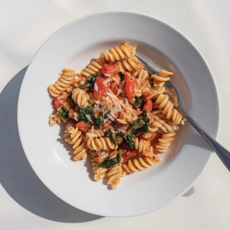A single pot of colorful rotini pasta with wilted spinach and tender diced tomatoes, ready to serve.  
