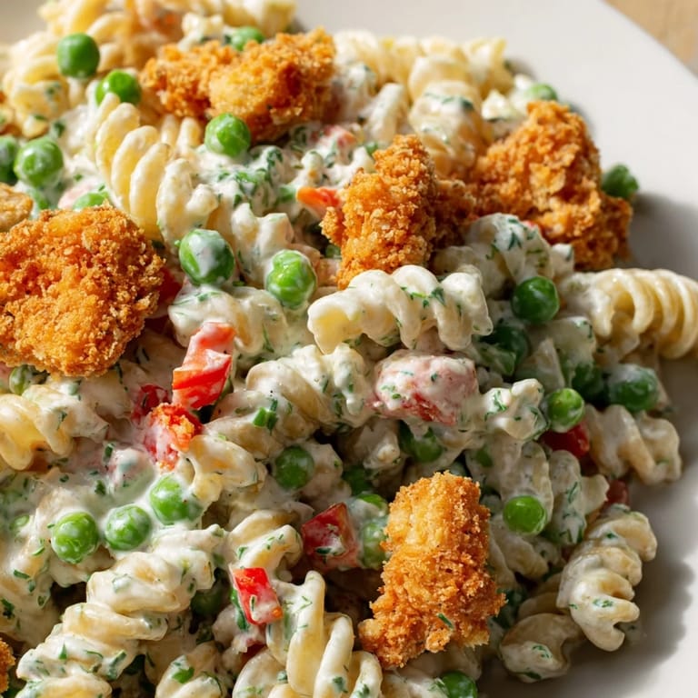 Forkful of Crispy Chicken Ranch Pasta Salad showing crunchy chicken, tender pasta, and creamy ranch drizzle, perfect for potlucks or a quick lunch.