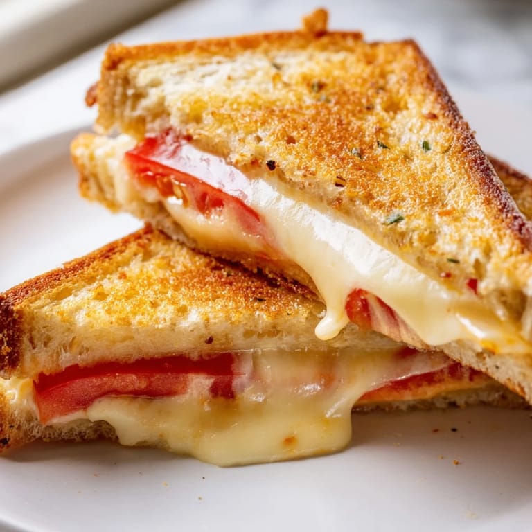 A close-up of a spicy Pepper Jack & Tomato Grilled Cheese, oozing with cheese and layered with ripe tomatoes.  