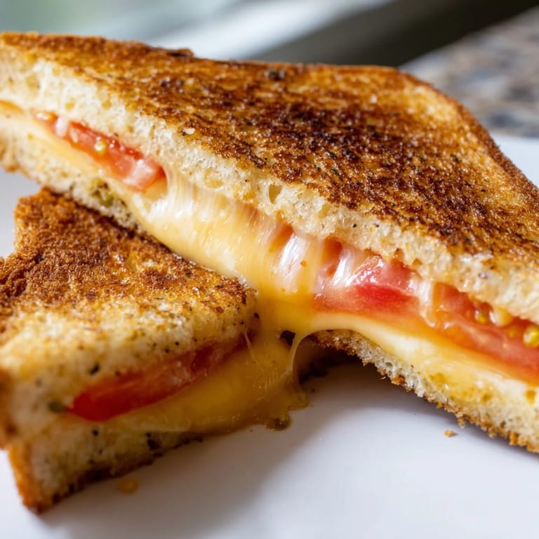 Two halves of a grilled pepper jack and tomato sandwich sit beside a small bowl of creamy tomato soup.