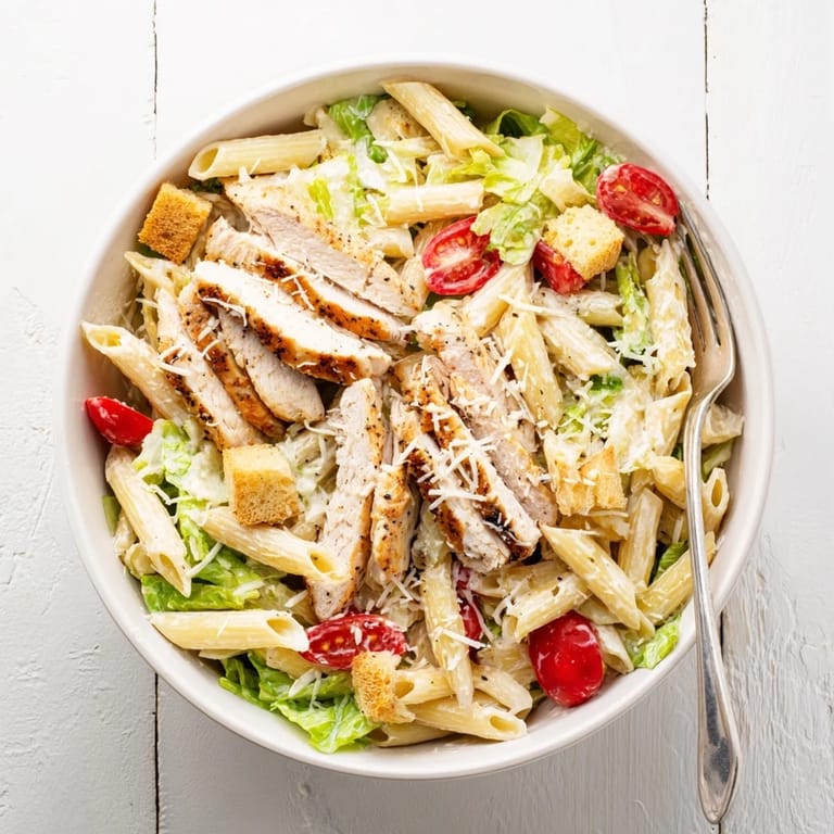 Bright cherry tomatoes and garlic croutons add color and crunch to this Caesar Pasta Chicken Bowl, ideal for a quick dinner.