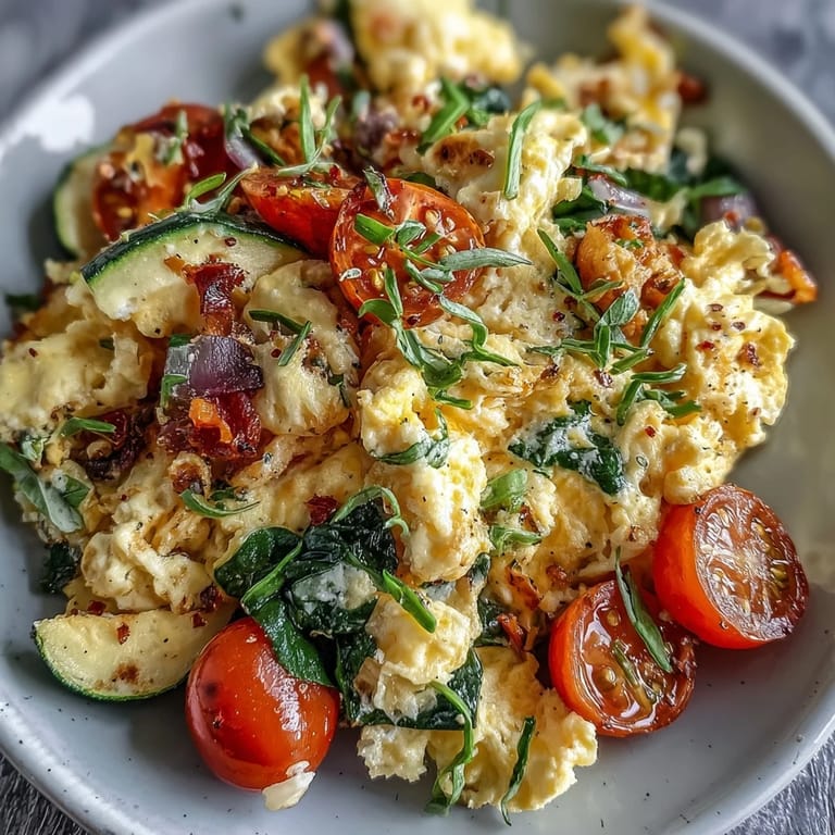 Bright breakfast bowl of Egg and Vegetable Scramble featuring diced zucchini and fresh herbs, garnished with parsley for a savory brunch.