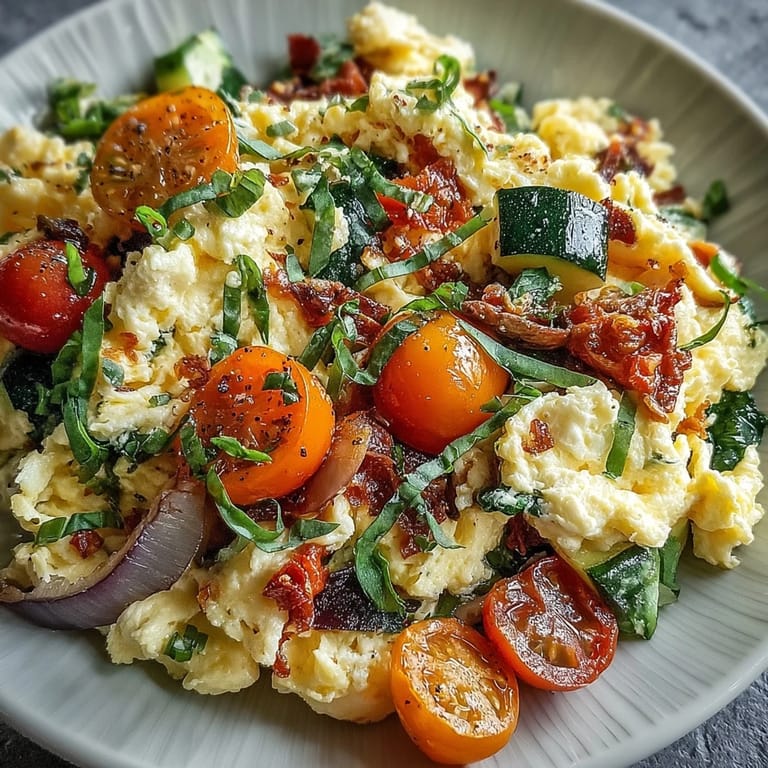 Steamy pan of Egg and Vegetable Scramble with soft eggs and colorful vegetables, ideal for a healthy, gluten-free vegetarian breakfast.