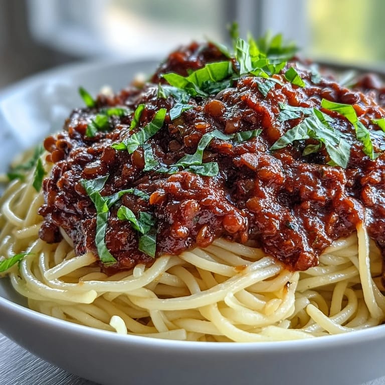 Close-up view of Lentil Bolognese over linguine, highlighting the rich tomato sauce and tender brown lentils on a wooden table.