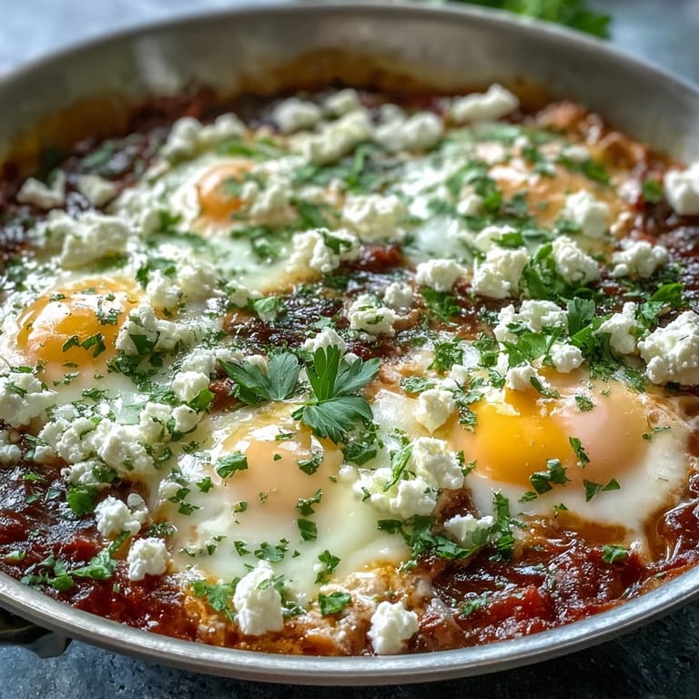 Colorful Shakshuka bubbling in a cast iron pan, served steaming hot alongside crusty artisan bread perfect for dipping into the sauce.