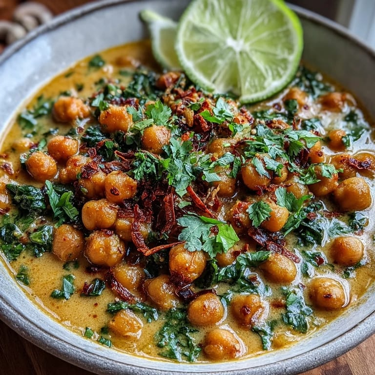 Rich, creamy Chickpea Curry simmering in a skillet with tender chickpeas and vibrant spices.  