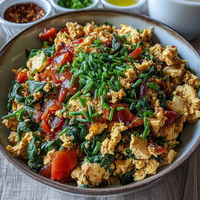 A close-up of a fluffy tofu scramble, seasoned with spices and herbs, served on a warm breakfast plate.