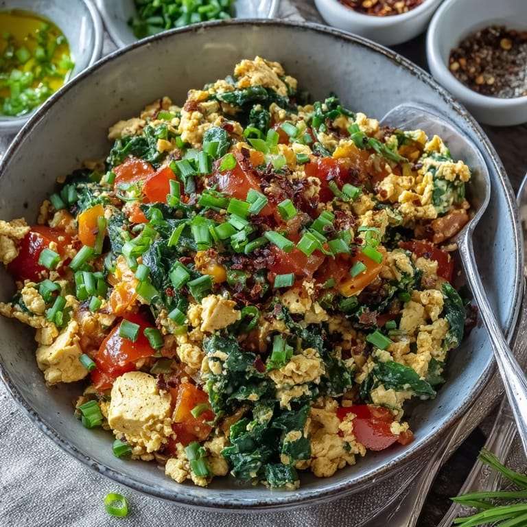 Vegan tofu scramble packed with veggies and spices, steaming in a cast-iron skillet ready for brunch.