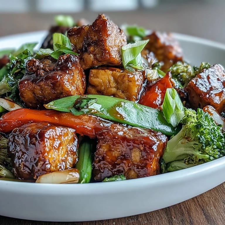 Freshly plated Vegetable Tempeh Stir-Fry served over fluffy white rice, garnished with sesame seeds and green onions, ready for a healthy weeknight dinner.
