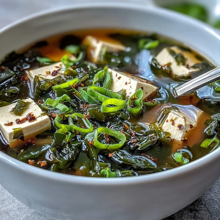 Close-up of homemade Miso Soup With Tofu, showcasing silky tofu and savory dashi broth for a comforting meal.