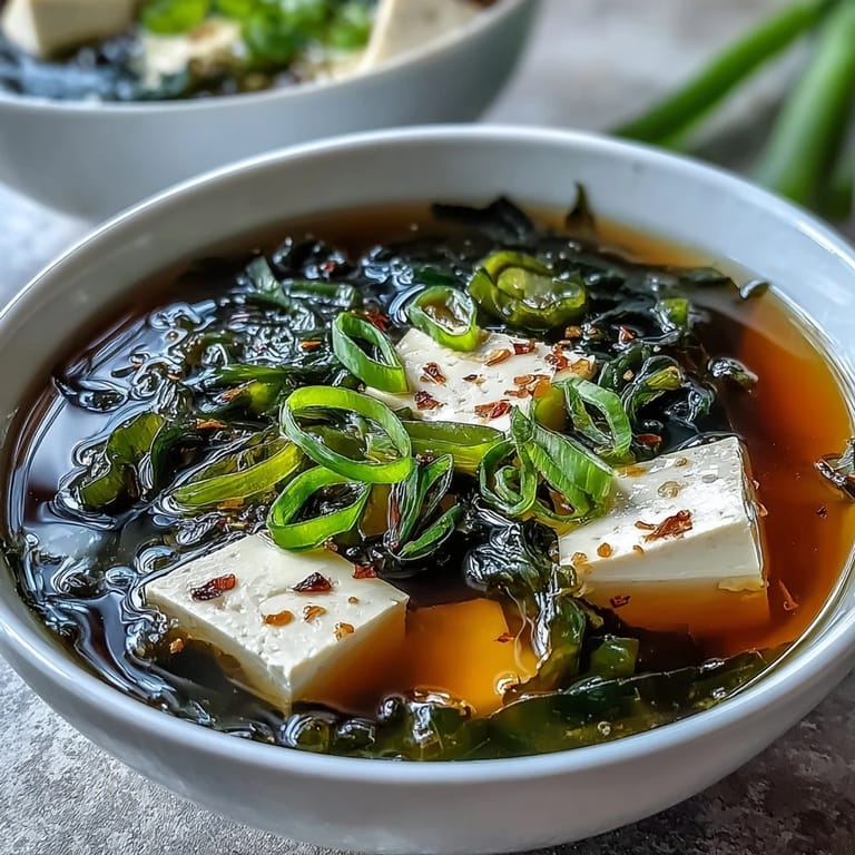 Steaming bowl of Miso Soup With Tofu, garnished with green onions and served as a light starter.