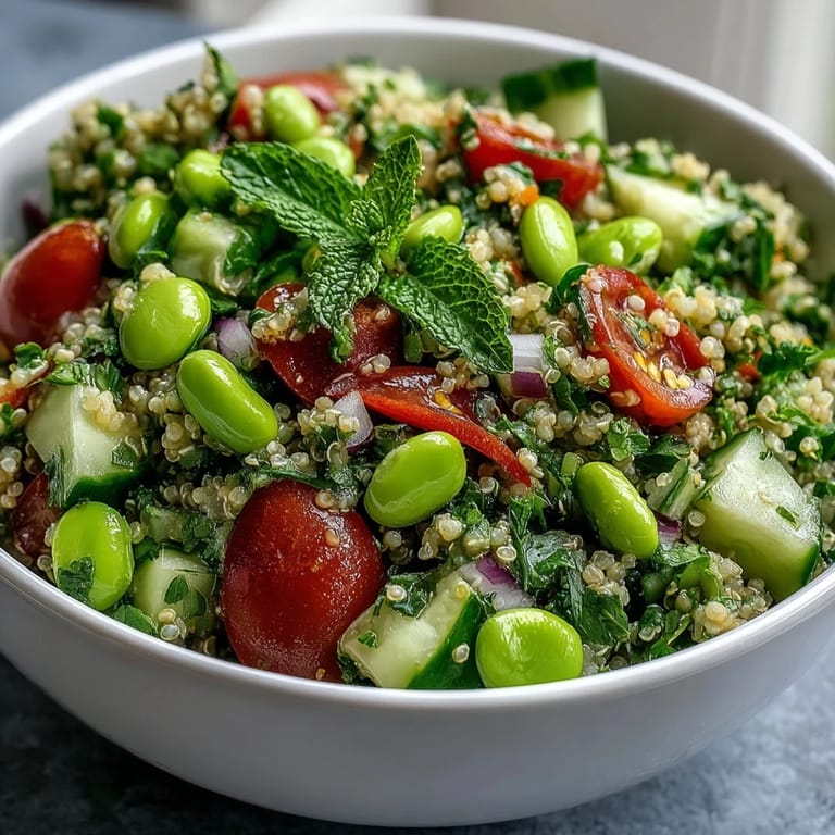 Freshly prepared Edamame and Quinoa Salad in a white ceramic bowl, tossed with diced cucumber, red onion, and a bright citrus dressing.