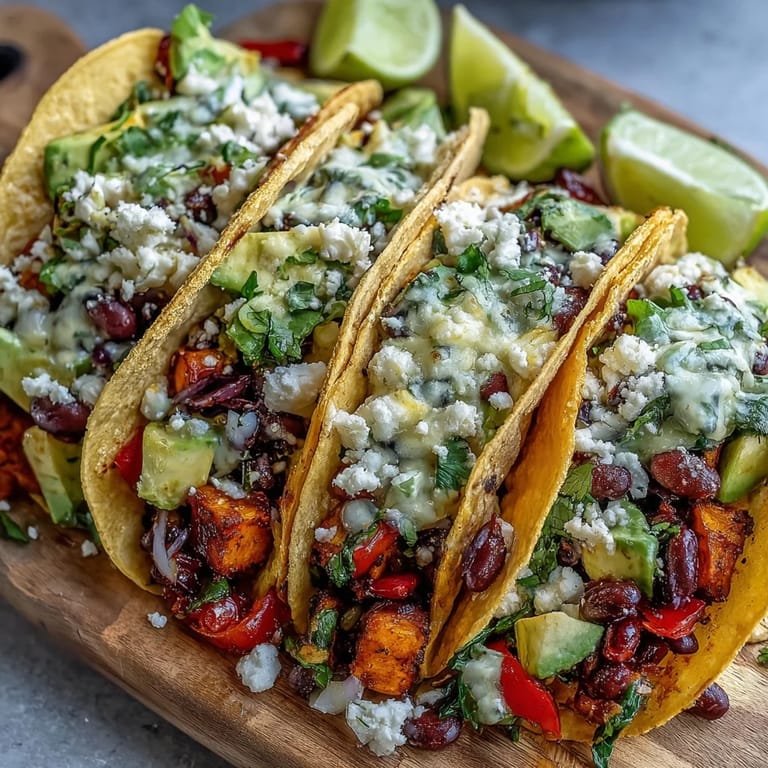 The roasted sweet potatoes and black beans fill corn tortillas in this colorful, vegan taco night meal.