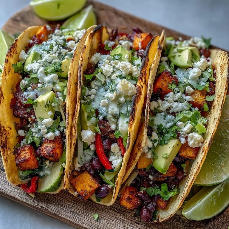 Golden roasted vegetables and black beans sit inside warm corn tortillas, garnished with cilantro and vegan sour cream.