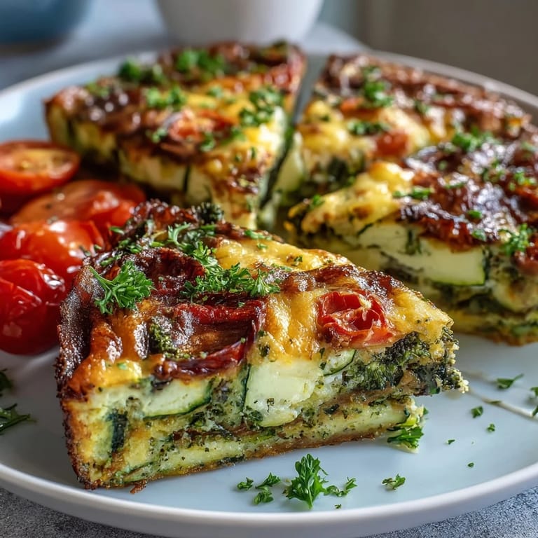Freshly baked Vegetable Frittata in a skillet, showcasing colorful cherry tomatoes and red onion with a fluffy, golden-brown egg base.