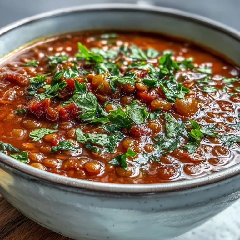 Steamy pot of Tomato Lentil Soup showing carrots and lentils in a rich tomato broth, ready to serve.