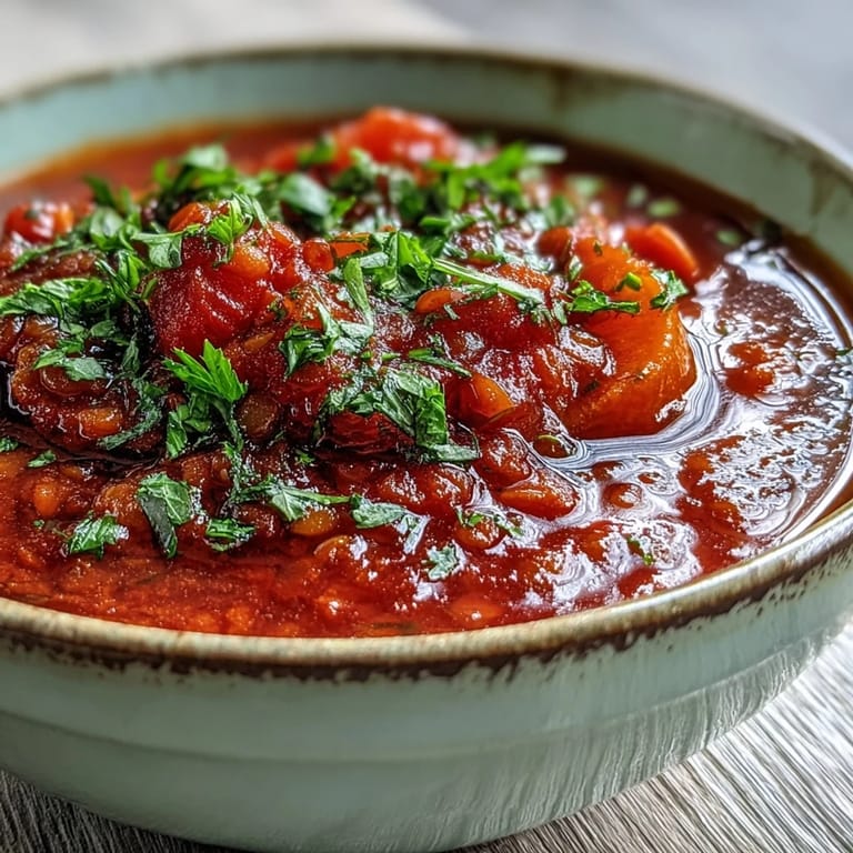 Tomato Lentil Soup served in a cozy ceramic mug beside crusty bread and olive oil for dipping.