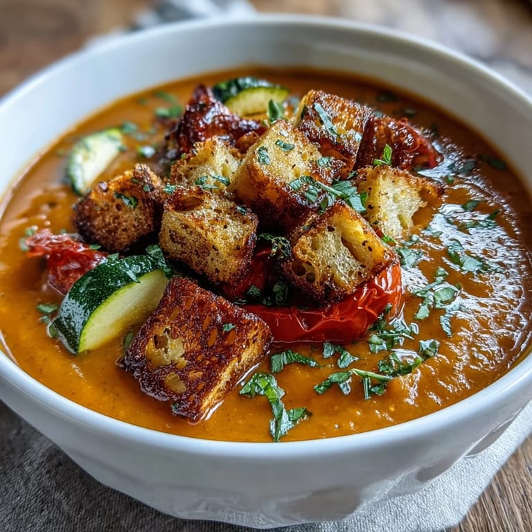 A close-up of golden roasted carrots, sweet potatoes, and red bell peppers, highlighting the rich color of this healthy soup.
