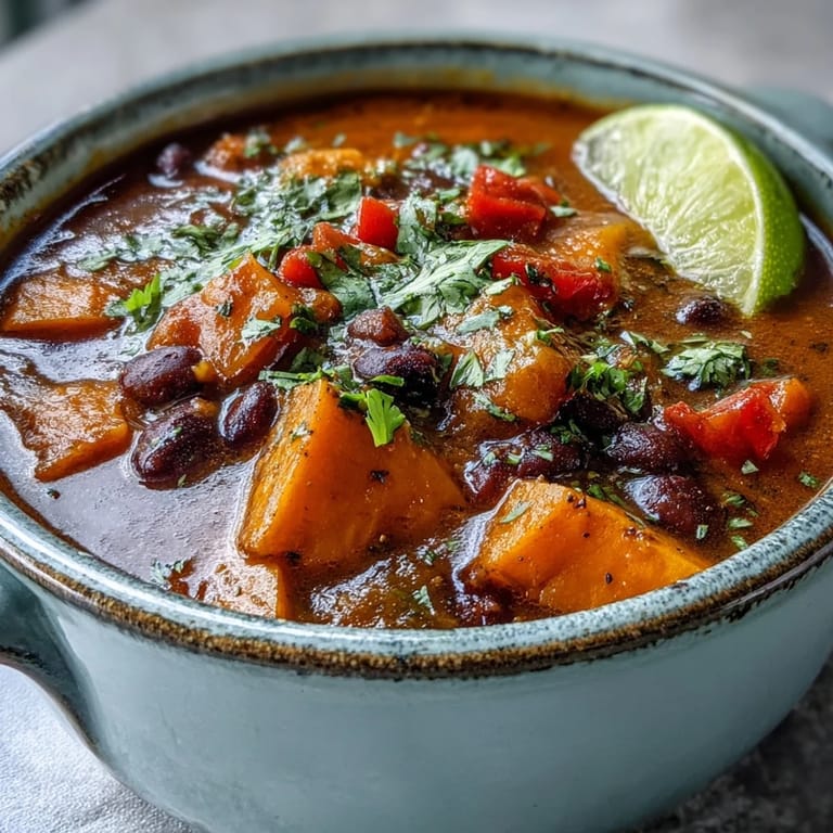 Sweet Potato and Black Bean Soup simmering in a large pot with diced vegetables and smoked paprika, ready to blend for a hearty, gluten-free meal.