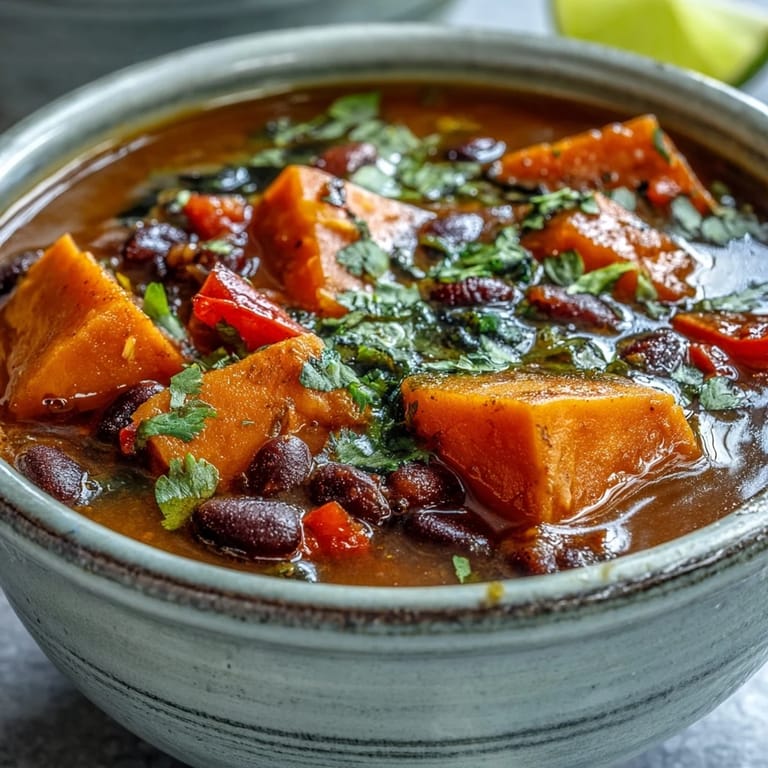 A steaming bowl of Sweet Potato and Black Bean Soup served with lime wedges and sliced avocado, perfect for a cozy, fiber-rich vegetarian dinner.