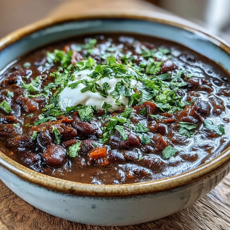 Creamy Black Bean Soup garnished with sour cream and chopped red onion in a rustic bowl.