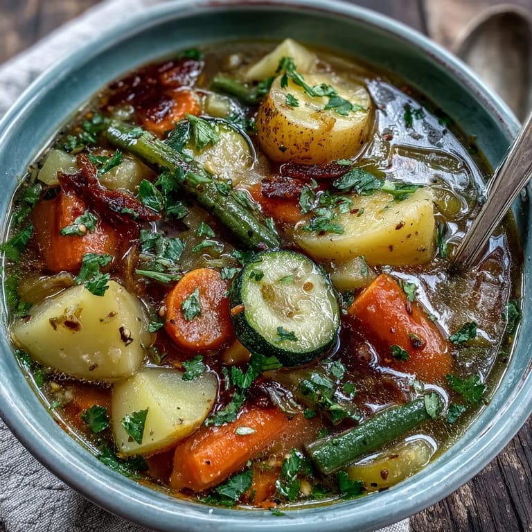 Steaming Potato and Vegetable Soup with tender potatoes, carrots, and peas served alongside a slice of crusty bread.