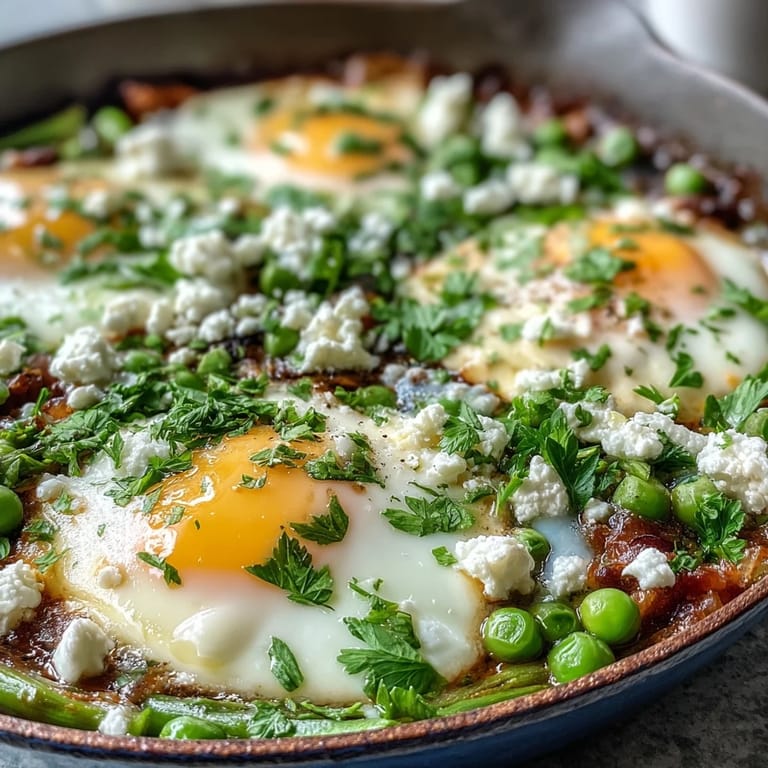 Fork-tender asparagus, sweet peas, and broad beans simmer in a lightly spiced tomato sauce for this Pea and Broad Bean Shakshuka.