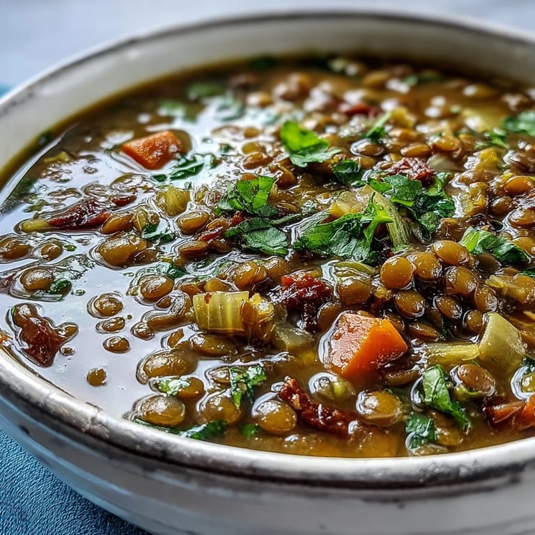A hearty bowl of Mung Bean Soup, loaded with diced carrots and celery, ready to eat.