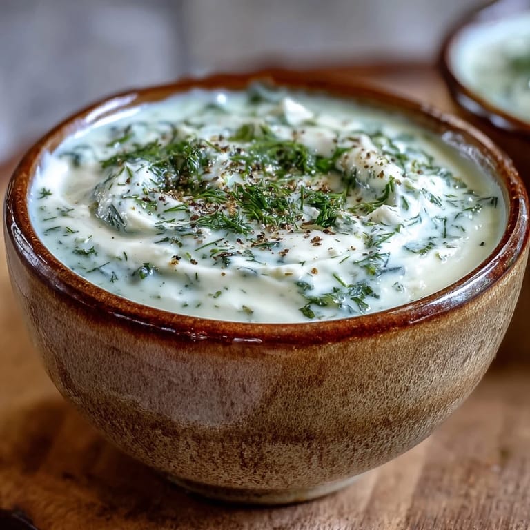 Smooth Creamy Celery and Herb Soup with a drizzle of cream and herbs, served hot.