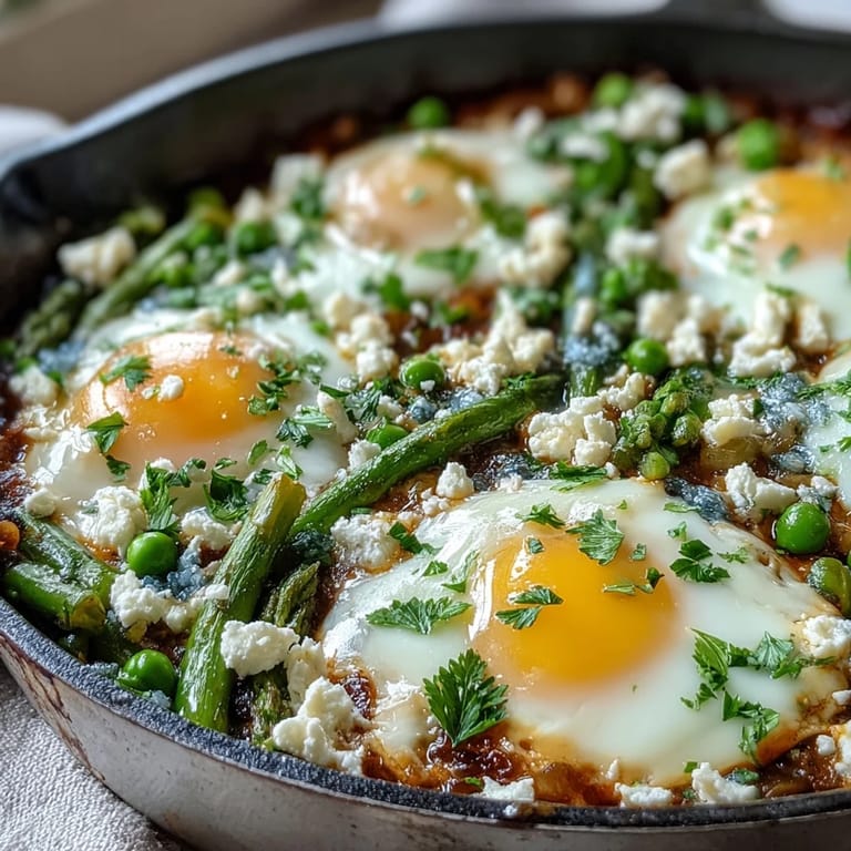 Bright green peas and beans contrast with runny-yolked eggs in a skillet of hearty Pea and Broad Bean Shakshuka.