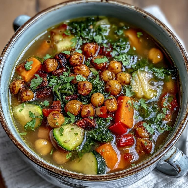 A large pot of Spiced Chickpea and Vegetable Soup simmers on the stove, filled with tender carrots, celery, zucchini, and red bell pepper in a savory vegetable broth.