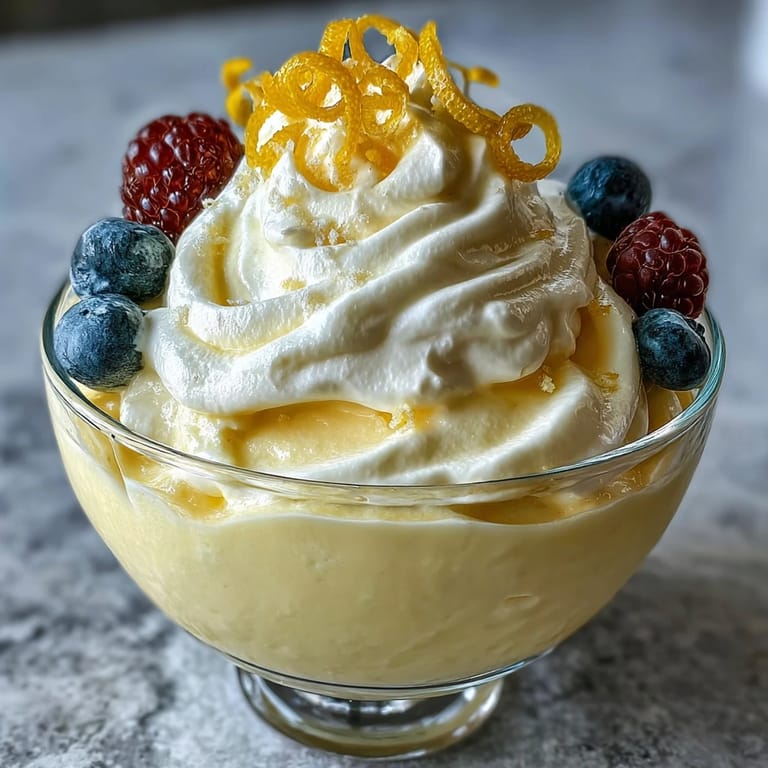 Silky Lemon Fool with fluffy whipped cream texture, prepared in minutes and garnished with fresh mint and raspberries for serving.
