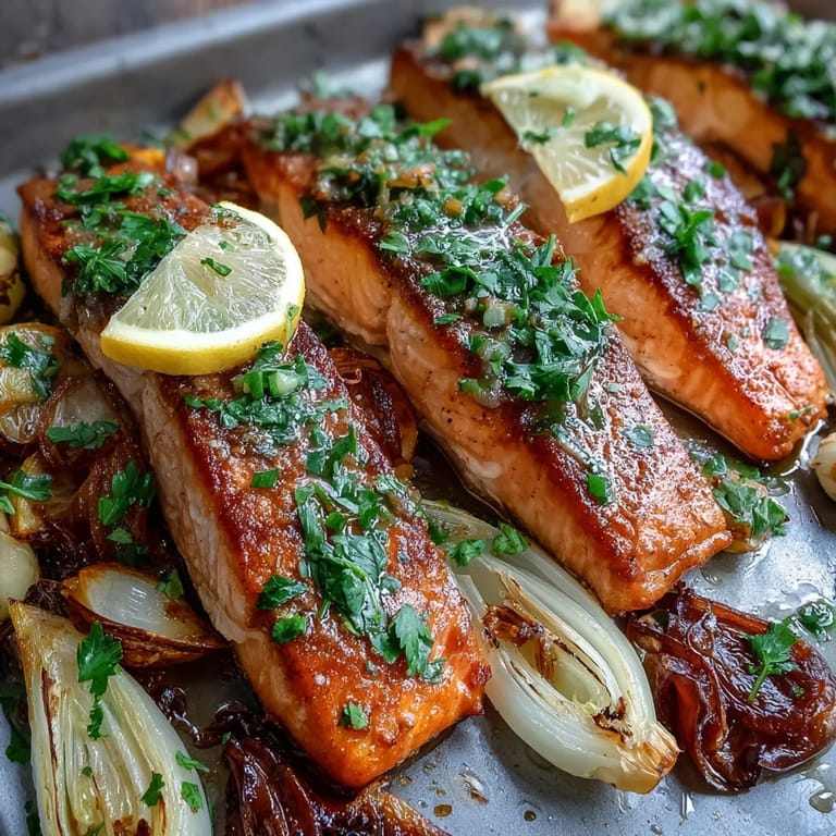 Flaky salmon fillet topped with vibrant green parsley dressing and roasted onions, ready for a healthy weeknight dinner.