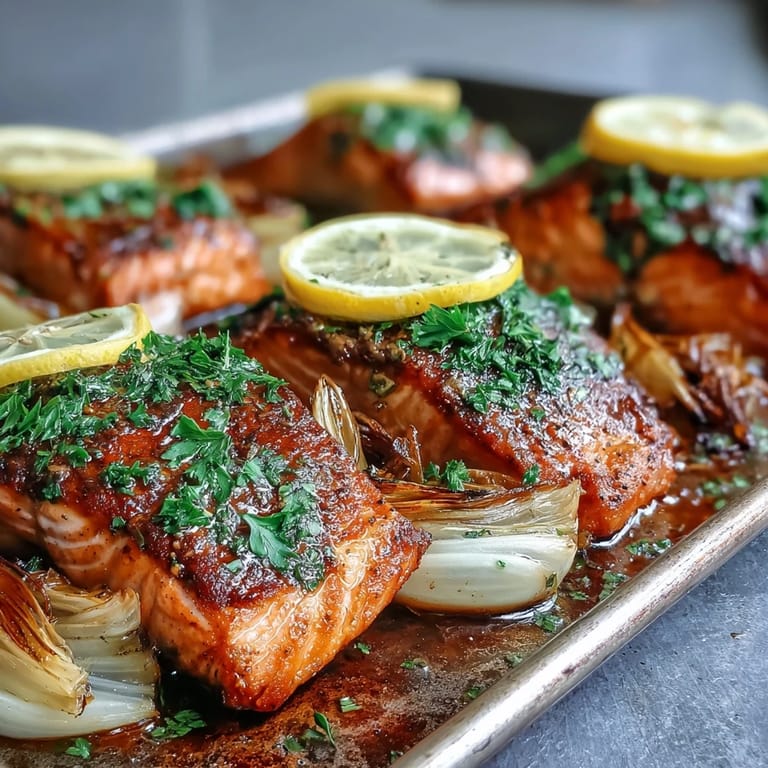 One-Pan Roast Salmon With Leeks, Onions, and Parsley Dressing plated with roasted vegetables, highlighting a gluten-free family meal.