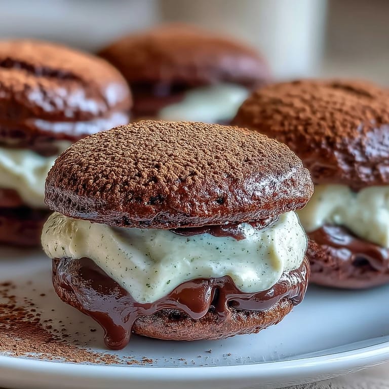 Freshly baked chocolate Tiramisu Whoopie Pies stacked high, featuring soft cake-like cookies and espresso-spiked mascarpone cream.