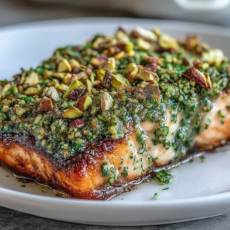 Perfectly poached Confit Salmon With Tahini, Pistachio and Herb Crust garnished with lemon wedges and fresh herbs on a rustic plate.