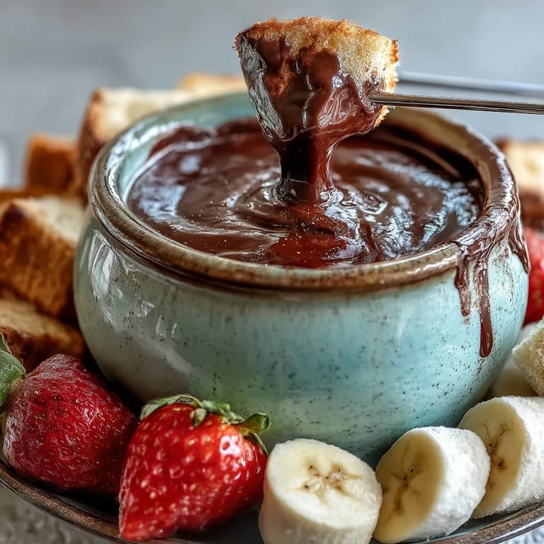 Rustic spread of apple wedges and banana slices around a warm Boozy Chocolate Fondue.