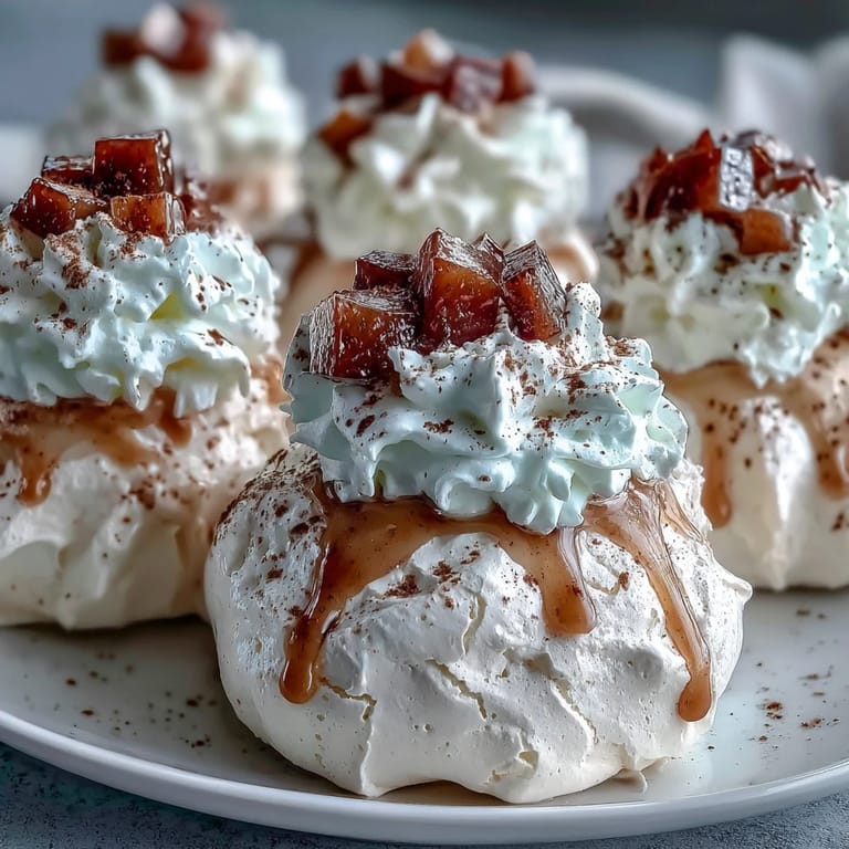 Mini Hot Toddy Pavlovas garnished with lemon zest and spice, ready to serve at a cozy dinner party.