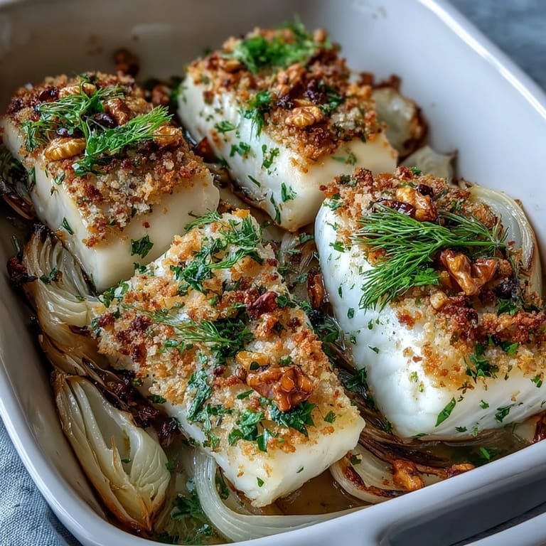 Tender white fish and caramelized fennel with a crispy walnut crumb, served hot from the oven.