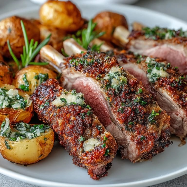 Fragrant rosemary and thyme crusted One-Pan Roast Rack of Lamb served over lemon-zested potatoes with bright green olives.