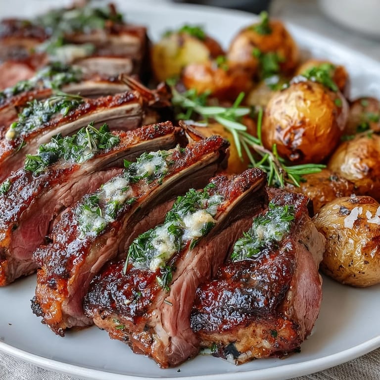 Sliced medium-rare One-Pan Roast Rack of Lamb plated next to crispy potatoes tossed with parsley and briny olives.