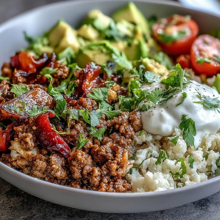 Sizzling seasoned ground beef and creamy avocado top a bed of cauliflower rice in this Low Carb Burrito Bowl. 