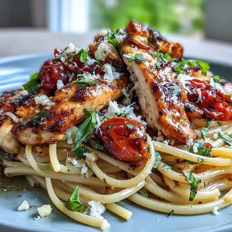 A warm skillet of Bruschetta Chicken Pasta ready to serve, garnished with extra Parmesan and fresh herbs.