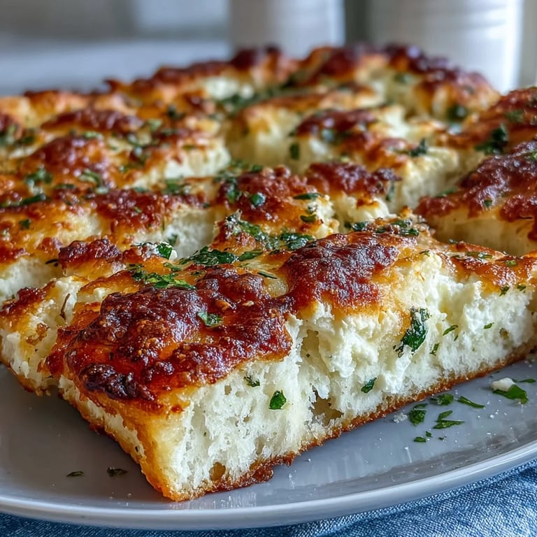 Golden Fluffy Cottage Cheese Flatbread topped with melted cheese and tomato slices, fresh from the oven.