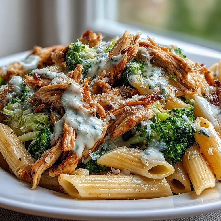Sizzling skillet of High Protein Rotisserie Chicken Broccoli Pasta with silky yogurt sauce, bright broccoli, and golden chicken ready to serve.